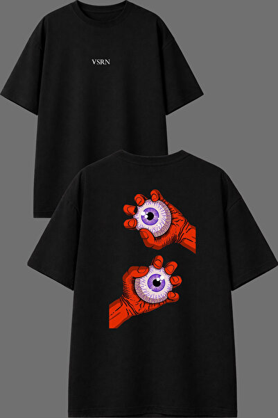 VSRN Tricou oversize negru cu imprimeu în față și în spate, design cu două ochi