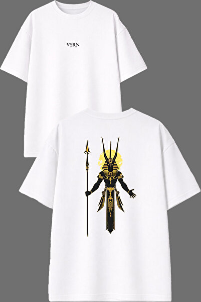 VSRN Tricou oversize alb cu imprimeu față și spate Firavun Design