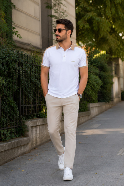 Erkek Slim Fit Omuz Garnili Polo Yaka Tişört Dar Kesim Yumuşak Dokulu Günlük Şık T-Shirt İnterlok Kumaş