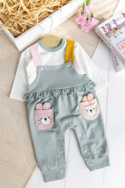 Babymod 100% Cotton Baby Girl Salopet with Rabbit Figure, 2-Piece Jumpsuit