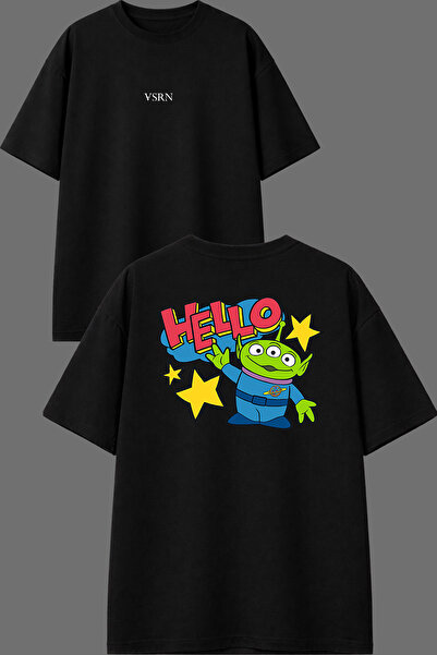 VSRN تي شيرت أسود كبير الحجم بتصميم Hello Alien مطبوع من الأمام والخلف