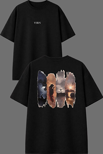 VSRN 4 Piece Picture Design Front and Back Printed Black Oversize T-Shirt