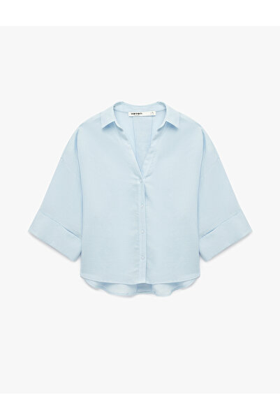 Koton Oversize Klasik Yaka 3/4 Kollu Keten Karışımlı Gömlek