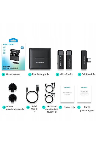 Vention Set de 2 microfoane wireless de cravată USB-C cu husă, negru