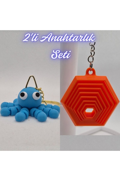 3DAtölyeMaker Light Blue Confused Octopus and Orange Moving Hexagon Keychain