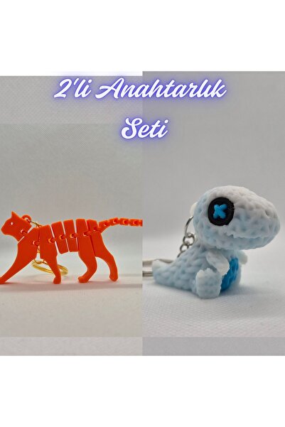 3DAtölyeMaker Orange Flexible Cat and White Knitted Pattern Moving Dino Keychain