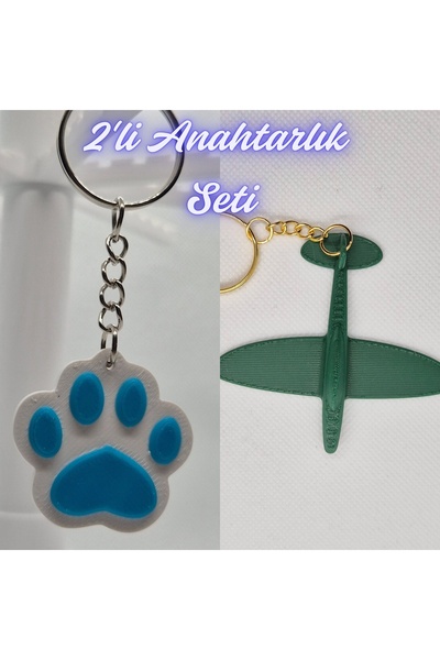3DAtölyeMaker Light Blue Cat Paw and Dark Green Airplane Keychain