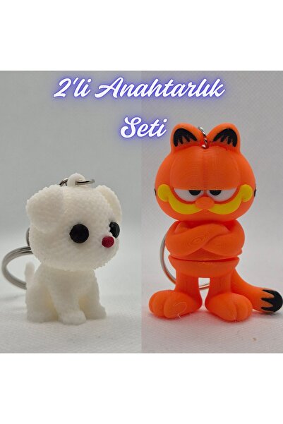 3DAtölyeMaker White Knitted Patterned Dog and Blue Garfield Keychain