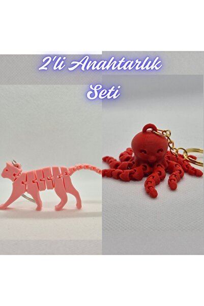 3DAtölyeMaker Light Pink Flexible Cat and Pink Octopus Keychain