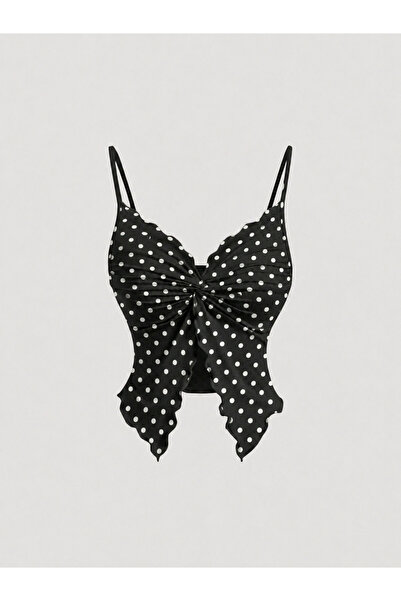 HIMMELDUF Front Twist Polka Dot Patterned Thin Strap Alaçatı Crop Top