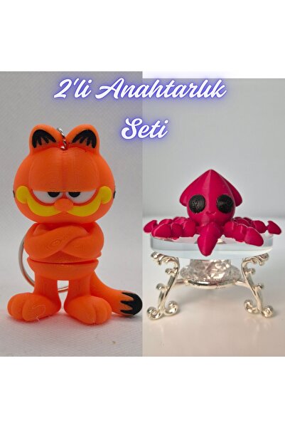 3DAtölyeMaker Blue Garfield and Fire Red Squid Keychain