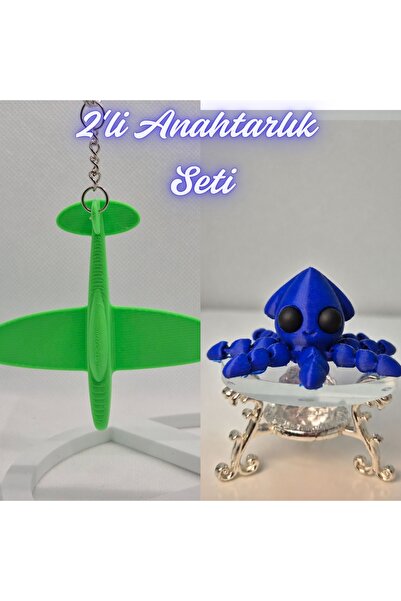 3DAtölyeMaker Green Airplane and Blue Squid Keychain