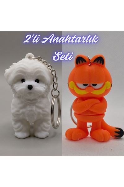 3DAtölyeMaker White Maltese Terrier and Blue Garfield Keychain