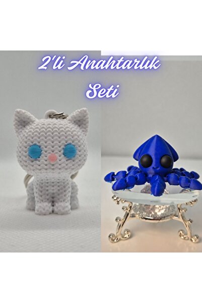 3DAtölyeMaker White Knitted Patterned Cat and Blue Squid Keychain