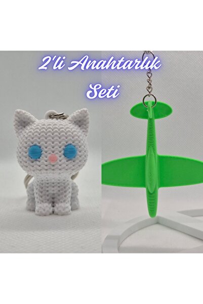 3DAtölyeMaker White Knitted Patterned Cat and Green Airplane Keychain