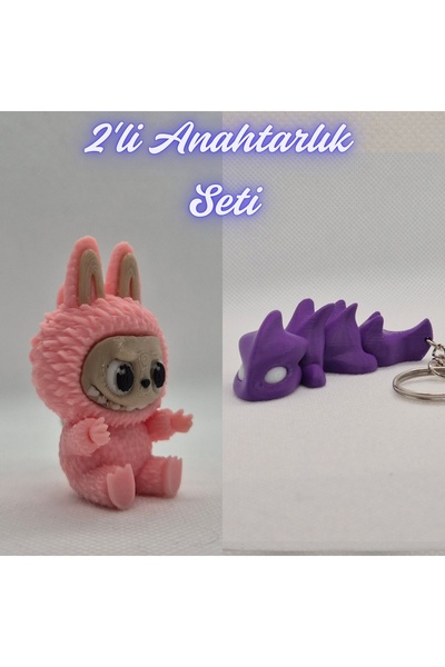 3DAtölyeMaker Light Pink Labubu and Purple Flexible Dragon Keychain