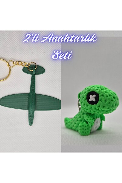 3DAtölyeMaker Dark Green Airplane and Green Knitted Pattern Moving Dino Keychain