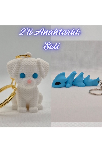 3DAtölyeMaker White Knitted Pattern Dog-2 and Light Blue Flexible Dragon Keyc...