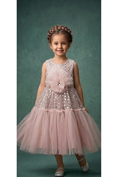 denizden Girl's Tulle and Silver Polka Dot Special Occasion Dress