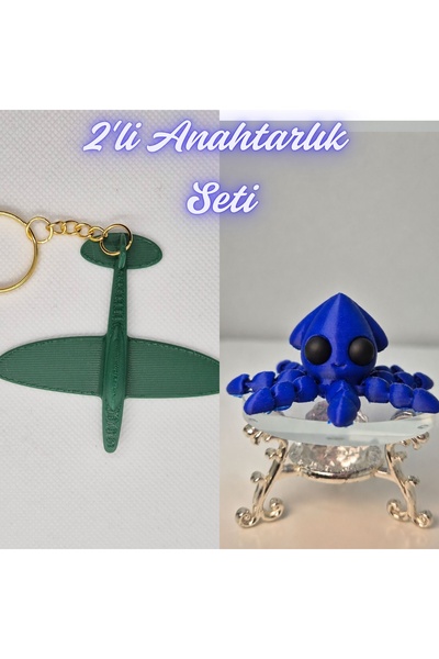 3DAtölyeMaker Dark Green Airplane and Blue Squid Keychain
