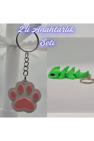 3DAtölyeMaker Light Pink Cat Paw and Green Flexible Dragon Keychain