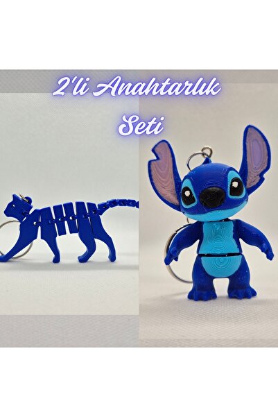3DAtölyeMaker Blue Flexible Cat and Blue Flexible Stitch Keychain