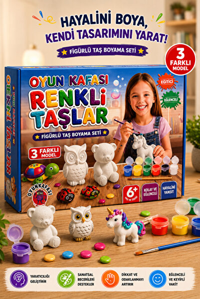 OYUNKAFASI Renkli Taşlar Figürlü Taş Boyama Seti Kutulu 3 Farklı Model 6 Renk...