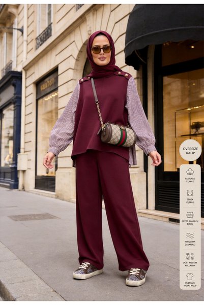 Aselim Hijap Moda قميص مارينا مخطط طقم مكون من قطعتين - أحمر كلاريت