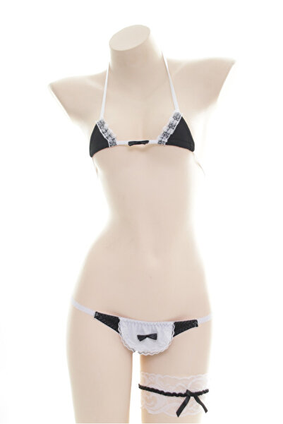 JInsh Black & White Maid Lingerie Set with Lace & Bow, Halter Bra + Thong + T...