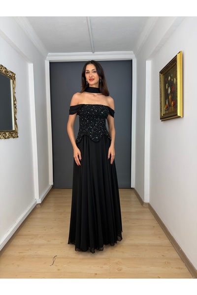 gökkuşagı moda Siyah Askılı Straplez Bel Korsajlı Üst Krep Taşlı Alt Şifon Uz...