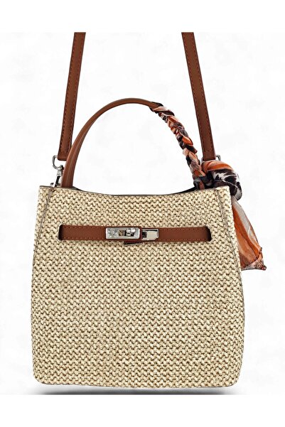 Evident Beige, Straw Look, Lock and Scarf Detail, Puppy-Style, Crossbody Stra...