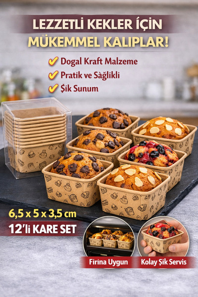 JASPER 12'li Kare Küçük Boy Kraft Desenli Muffin Cupcake Kalıbı Kek Kapsülü ,...
