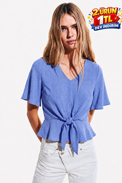 DAMGA JEANS Γυναικεία άνετη μπλούζα με κοντό μανίκι σε μπλε χρώμα