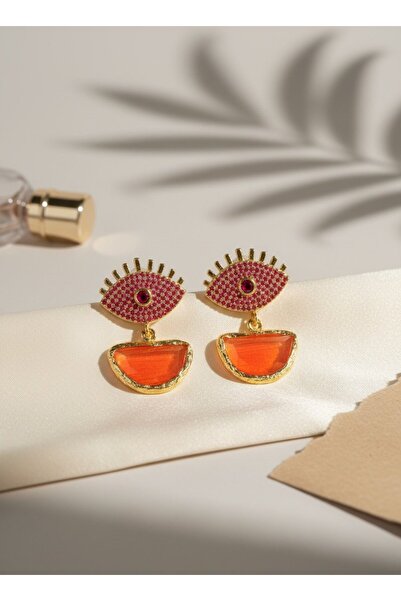 SR Jewelry Box Kırmızı Göz Figürlü Küpe – Nazar Detaylı Altın Ton Modern Tasa...