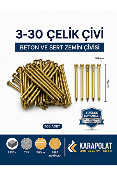 KARAPOLAT 3-30 Çelik Çivi - Beton ve Sert Zemin Çivisi - Eğilmez Karbon Çelik...
