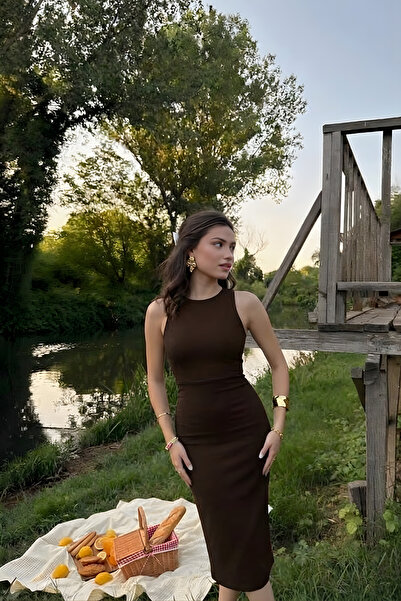 CMZ COLLECTİON Women's Brown Halter Neck Midi Pencil Dress Slim Fit Stylish E...