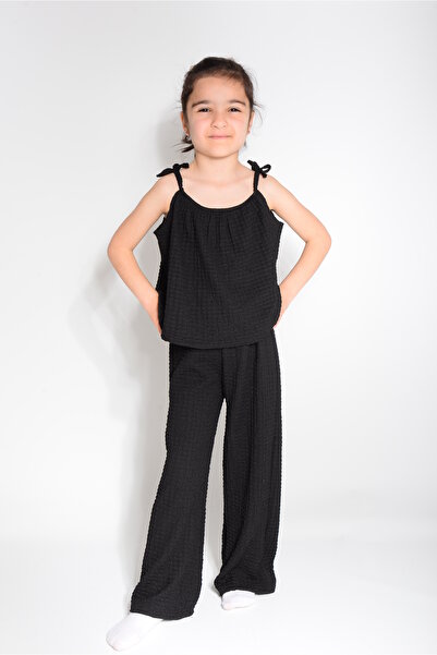 KİDSPİTİRCİK Girls' Black Rope Straps, Ruffled Fabric, Soft, Loose Set