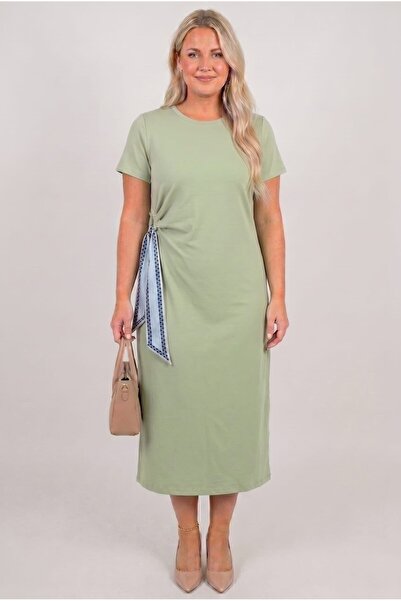 Koza Butik Women's Plus Size Short Sleeve Crew Neck Dress with Side Scarf Det...