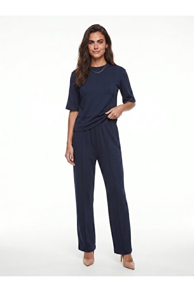 ONLOOX Navy Blue Cotton Soft Textured Half Sleeve Ribbed Detailed Elastic Wid...