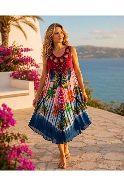 Punta Otantik MSR7343 Rochie indiană importată cu bretele, cu flori și flutur...