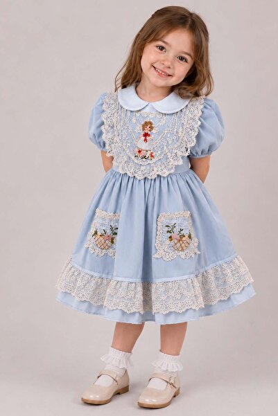 Riccotarz Girl's Baby Blue Dress with Collared Skirt and Lace Embroidery on t...