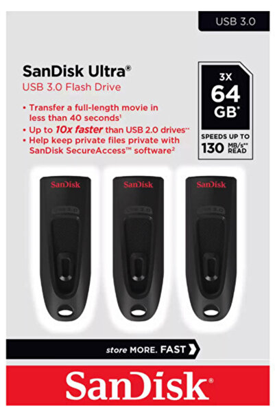 SanDisk Set de 3 stick-uri USB Ultra de 64GB, USB 3.0, Negru