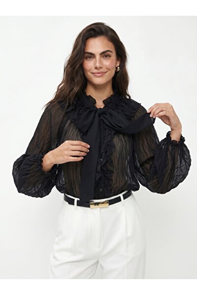 ONLOOX Black Crinkle Textured Collar Tie-Up Flowy Form Sheer Long Sleeve Shir...