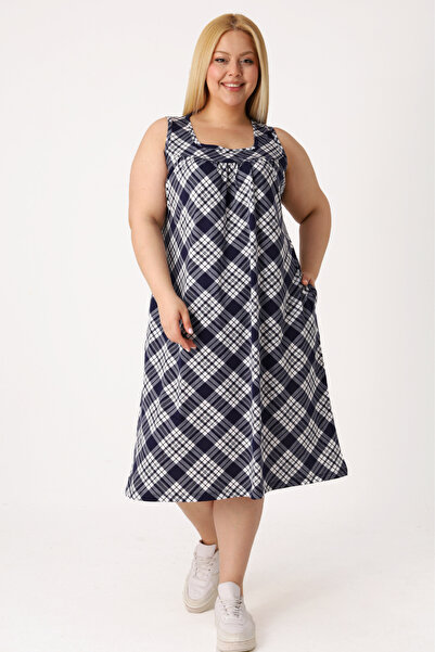İntensive Women's Plus Size Plaid Patterned Pocket Sleeveless Cotton Dress