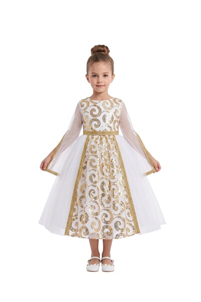 Bidani - Girls’ White and Gold Embroidered Jalabiya - 3Y to 10Y
