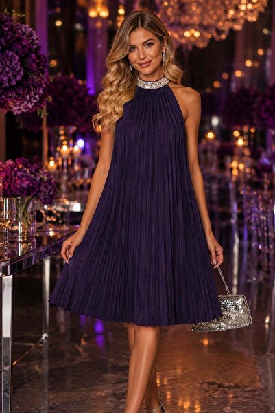 Mossta Turtleneck Pleated Crepe Dress - Purple