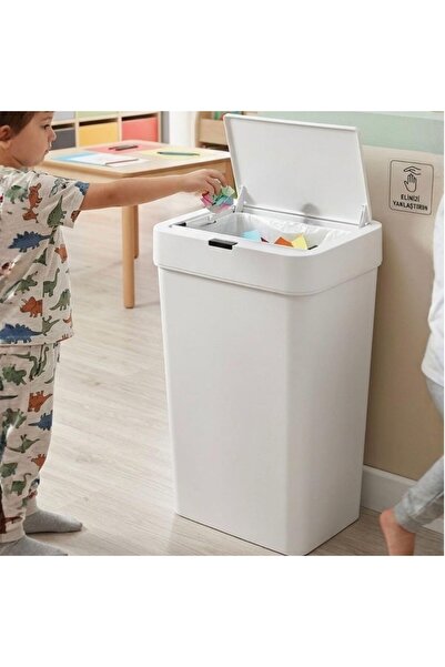 AyrStore Sensörlü Çöp Kovası, Beyaz, Plastik, 50 Litre, Otomatik Kapanan, Dok...