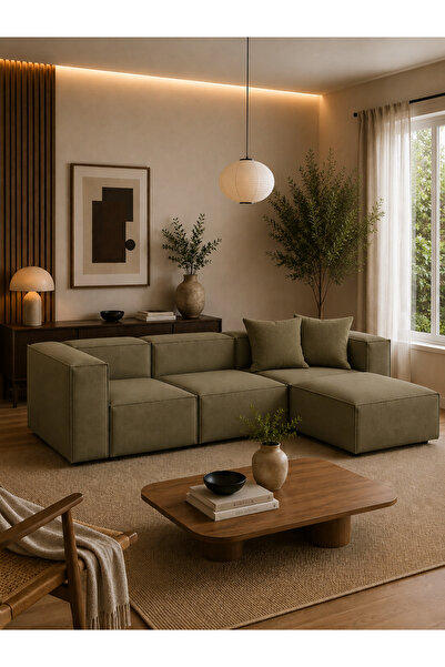 Haliloğlu Relax Soft Standart 4 Modül Köşe Takımı (Yağ Yeşili) Keten 68, (2 K...