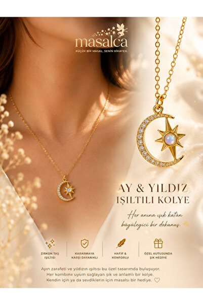 Ay & Yıldız Figürlü Zirkon Taşlı Gold Kadın Kolye