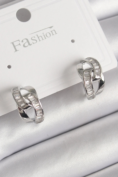 USLUCAN ALIŞVERİŞ Brass Silver Color Zircon Stone Chain Model Women's Earrings
